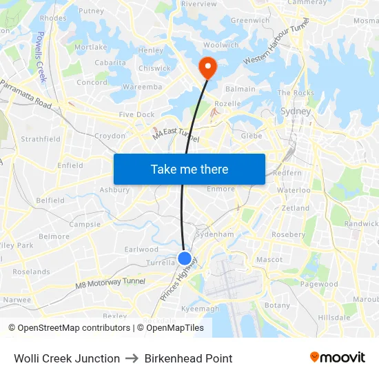 Wolli Creek Junction to Birkenhead Point map