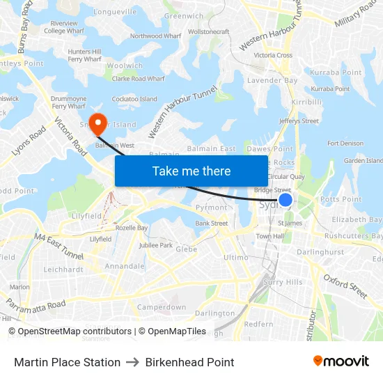 Martin Place Station to Birkenhead Point map