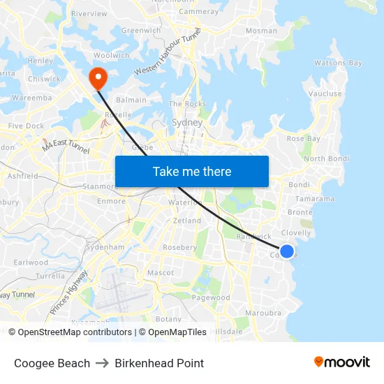 Coogee Beach to Birkenhead Point map