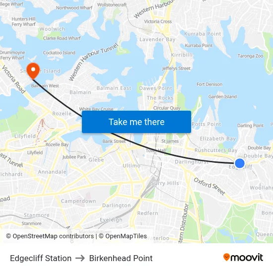Edgecliff Station to Birkenhead Point map