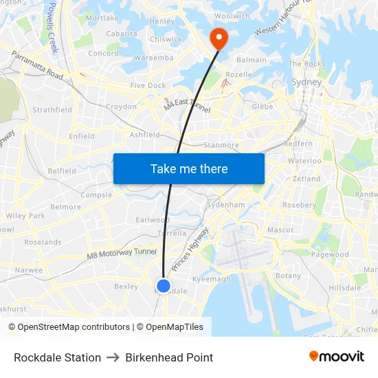 Rockdale Station to Birkenhead Point map