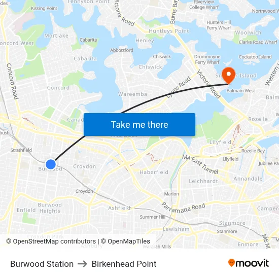 Burwood Station to Birkenhead Point map