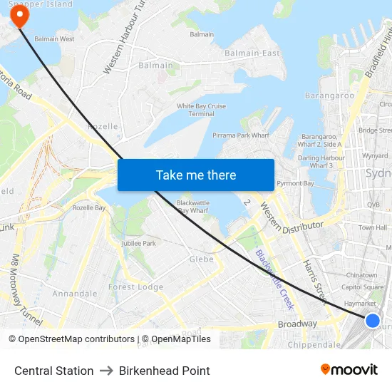 Central Station to Birkenhead Point map