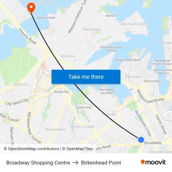 Broadway Shopping Centre to Birkenhead Point map