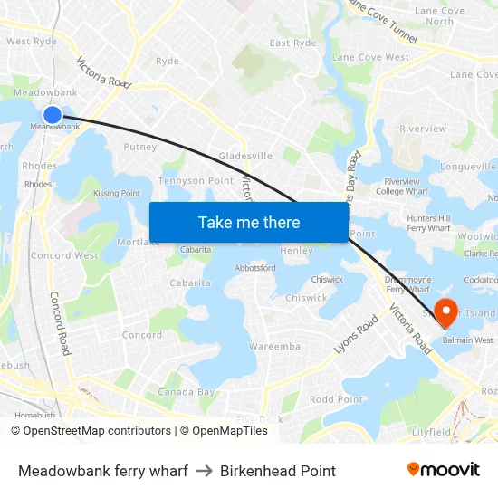 Meadowbank ferry wharf to Birkenhead Point map