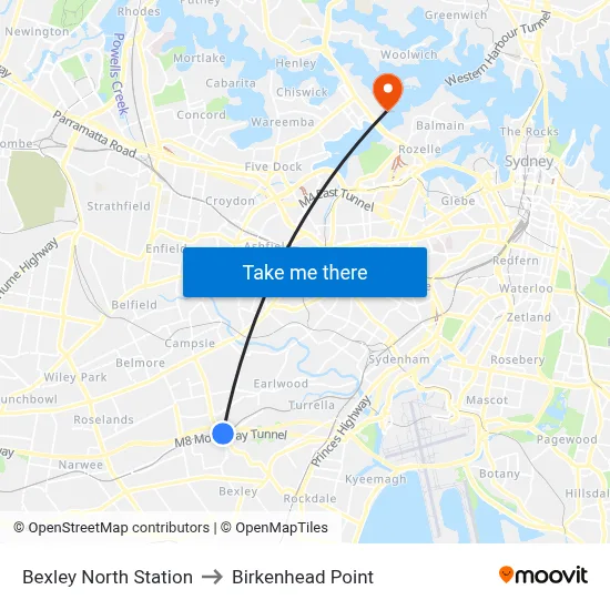 Bexley North Station to Birkenhead Point map