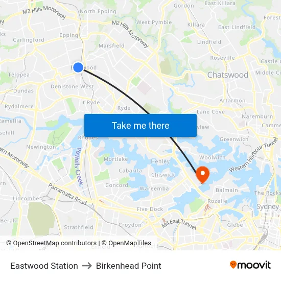 Eastwood Station to Birkenhead Point map