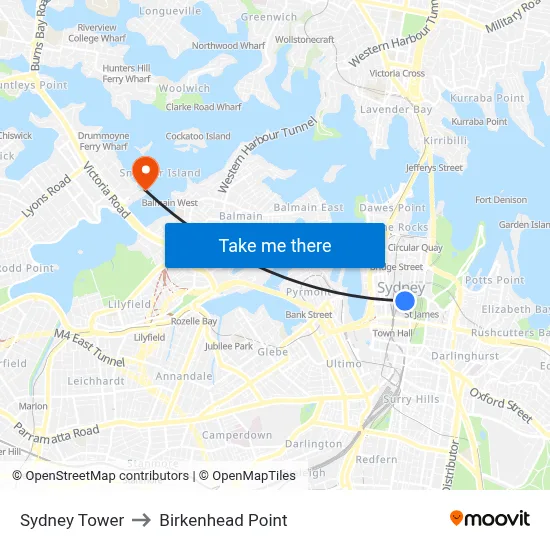 Sydney Tower to Birkenhead Point map