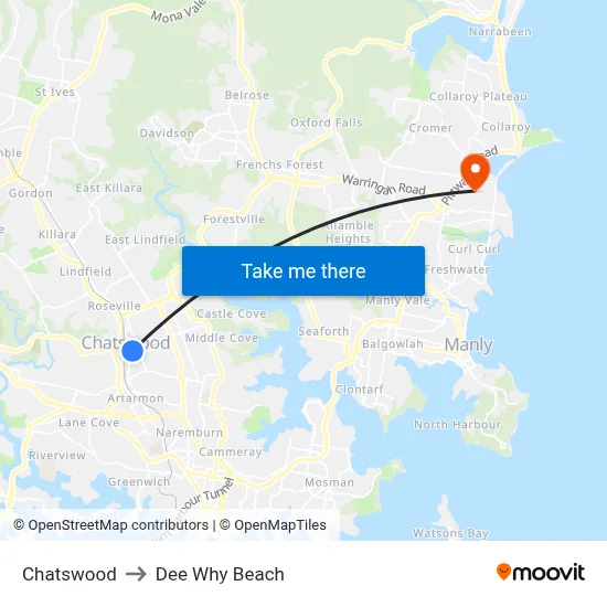 Chatswood to Dee Why Beach map