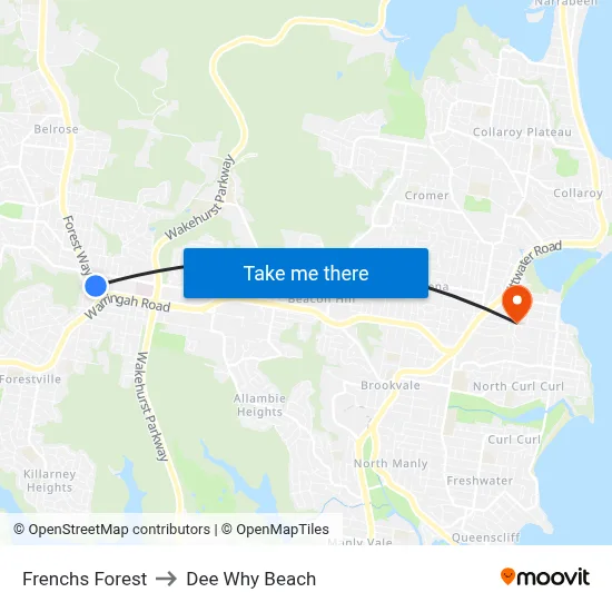 Frenchs Forest to Dee Why Beach map