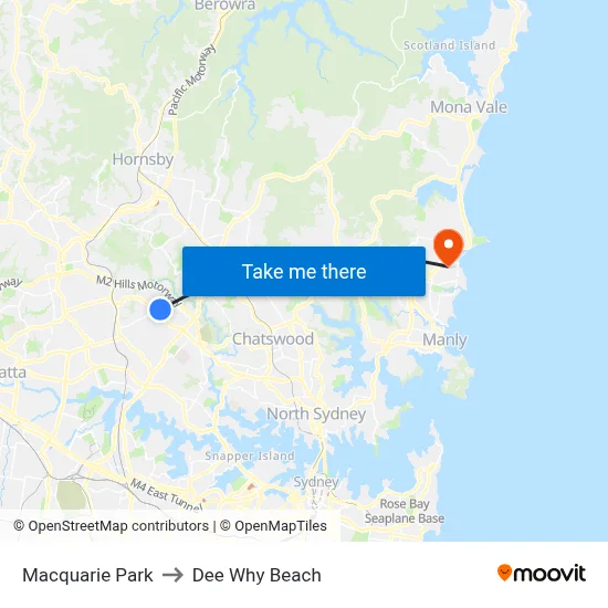 Macquarie Park to Dee Why Beach map