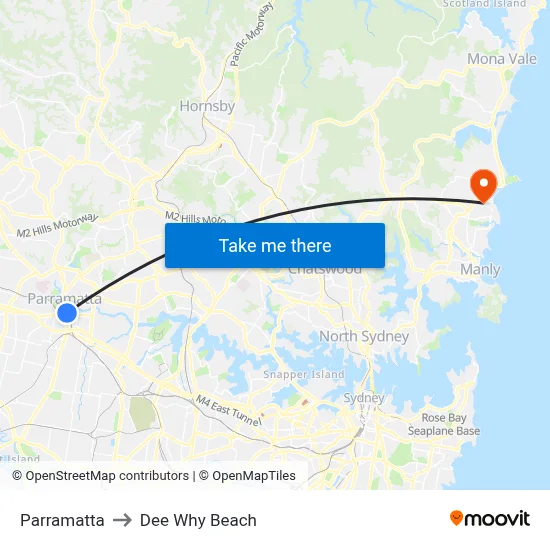 Parramatta to Dee Why Beach map