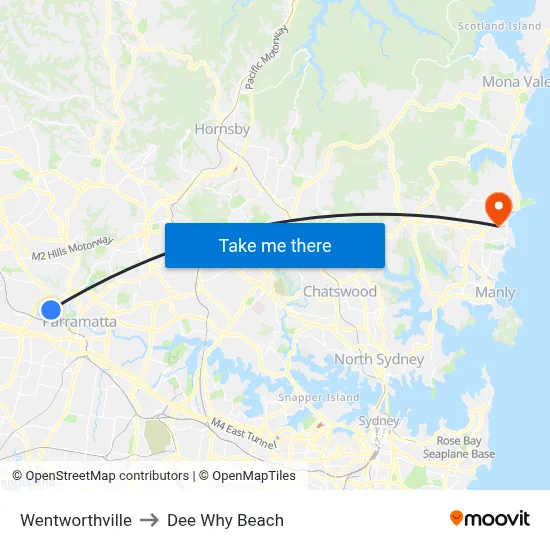 Wentworthville to Dee Why Beach map