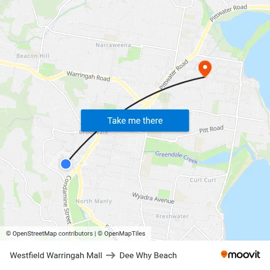 Westfield Warringah Mall to Dee Why Beach map