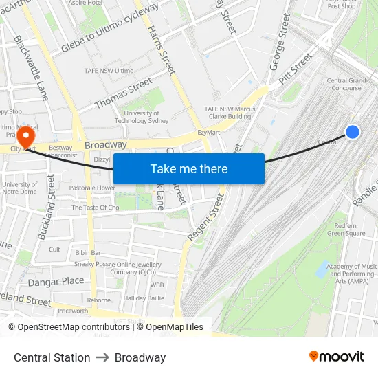 Central Station to Broadway map