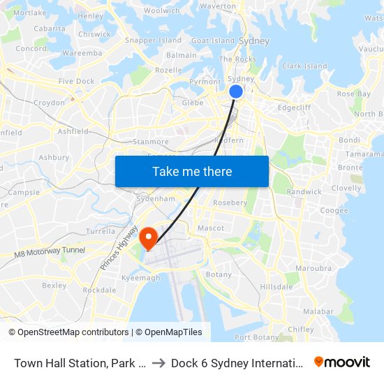 Town Hall Station, Park St, Stand J to Dock 6 Sydney International Airport map