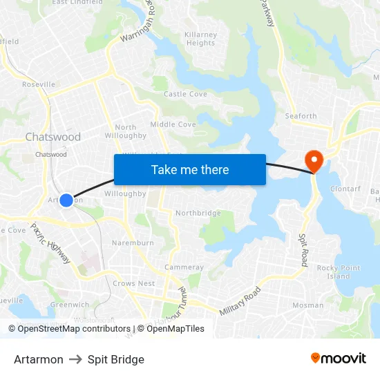 Artarmon to Spit Bridge map