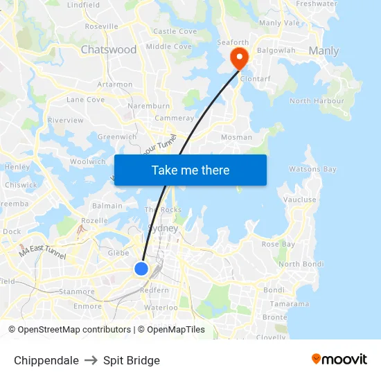 Chippendale to Spit Bridge map