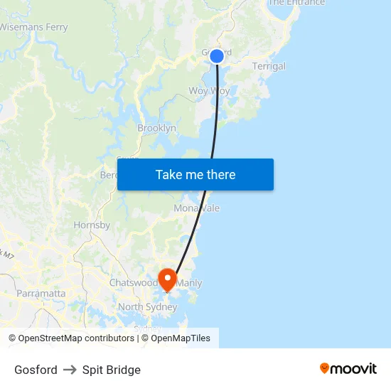 Gosford to Spit Bridge map