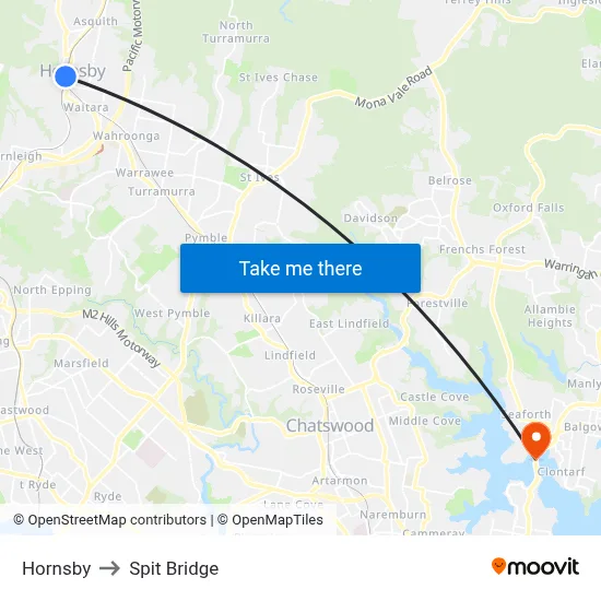 Hornsby to Spit Bridge map