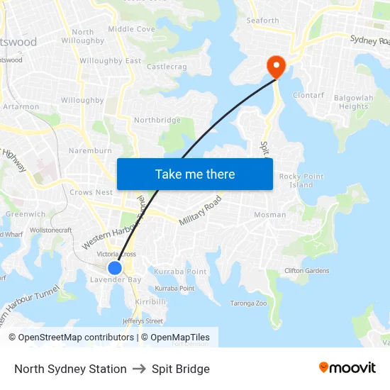North Sydney Station to Spit Bridge map
