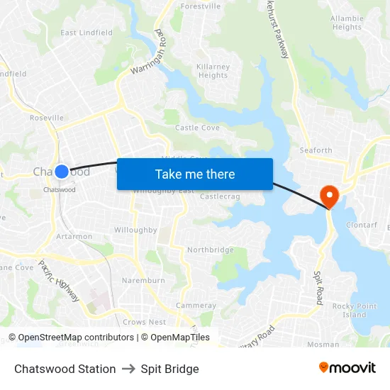 Chatswood Station to Spit Bridge map