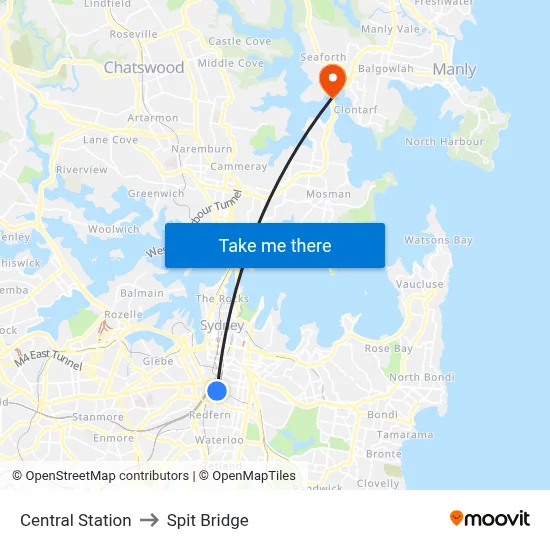 Central Station to Spit Bridge map