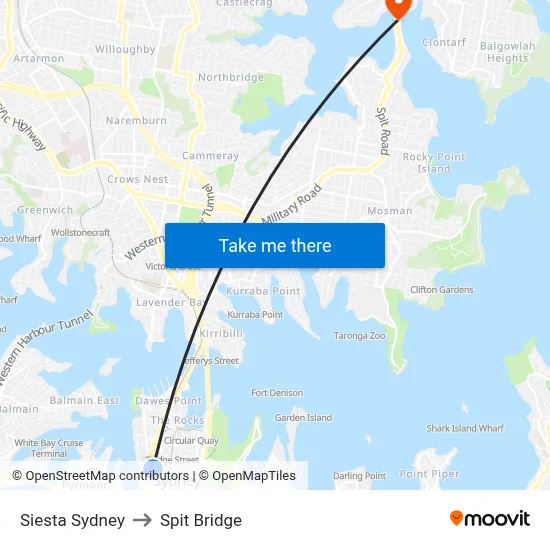 Siesta Sydney to Spit Bridge map