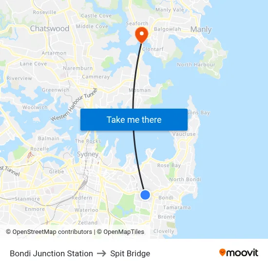 Bondi Junction Station to Spit Bridge map