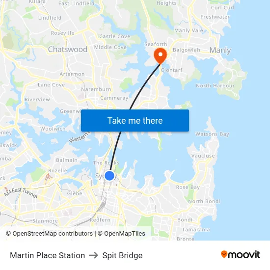 Martin Place Station to Spit Bridge map