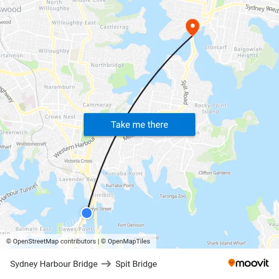 Sydney Harbour Bridge to Spit Bridge map