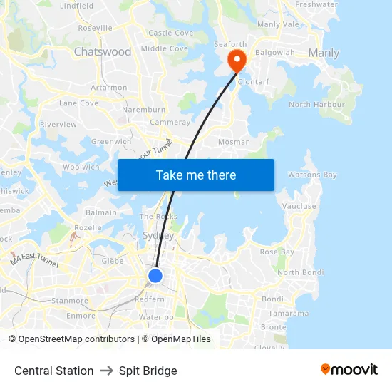 Central Station to Spit Bridge map