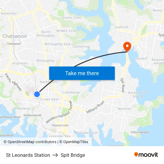 St Leonards Station to Spit Bridge map