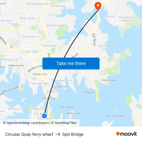 Circular Quay ferry wharf to Spit Bridge map