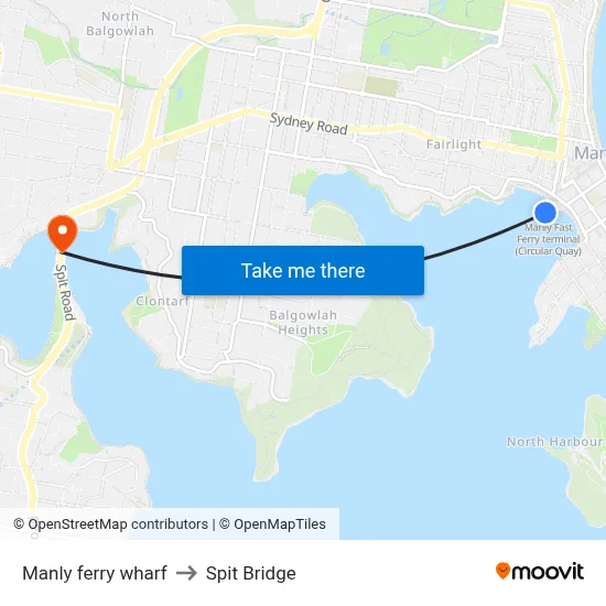 Manly ferry wharf to Spit Bridge map