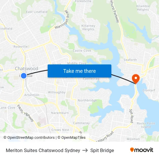 Meriton Suites Chatswood Sydney to Spit Bridge map