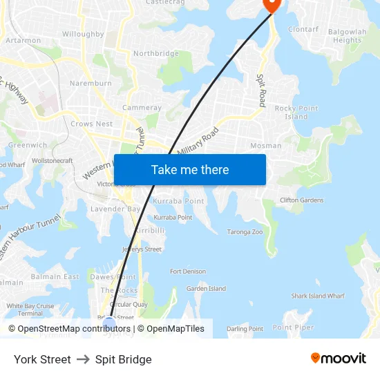 York Street to Spit Bridge map