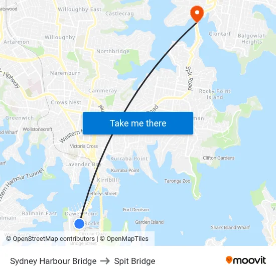 Sydney Harbour Bridge to Spit Bridge map