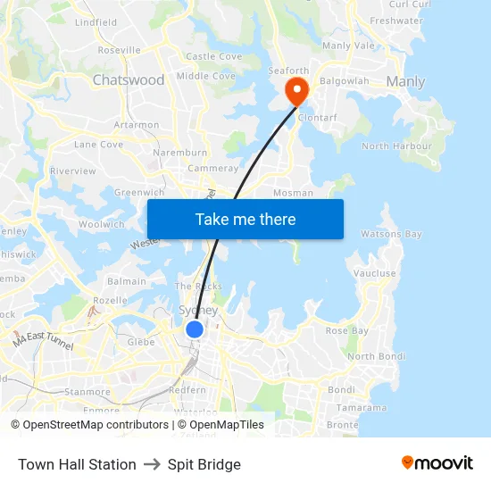 Town Hall Station to Spit Bridge map