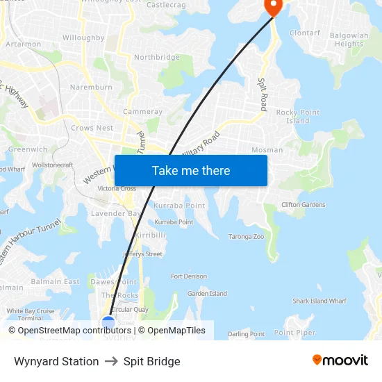 Wynyard Station to Spit Bridge map