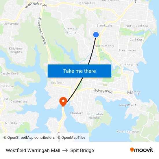 Westfield Warringah Mall to Spit Bridge map