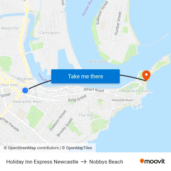 Holiday Inn Express Newcastle to Nobbys Beach map