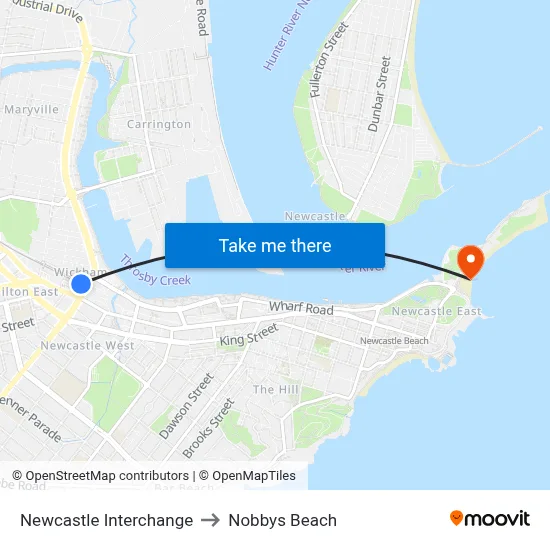 Newcastle Interchange to Nobbys Beach map