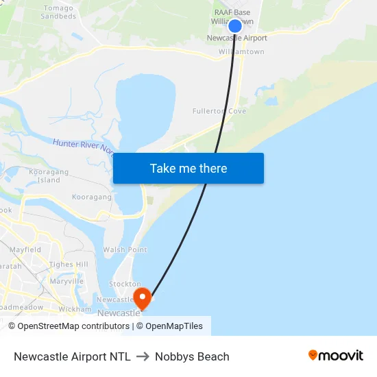 Newcastle Airport NTL to Nobbys Beach map