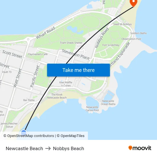 Newcastle Beach to Nobbys Beach map