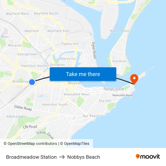 Broadmeadow Station to Nobbys Beach map