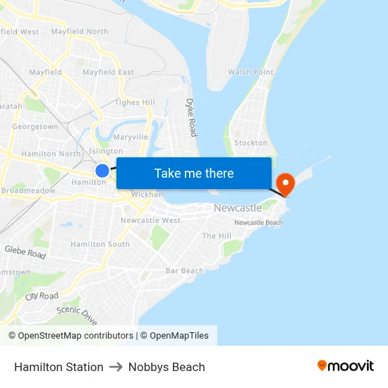 Hamilton Station to Nobbys Beach map