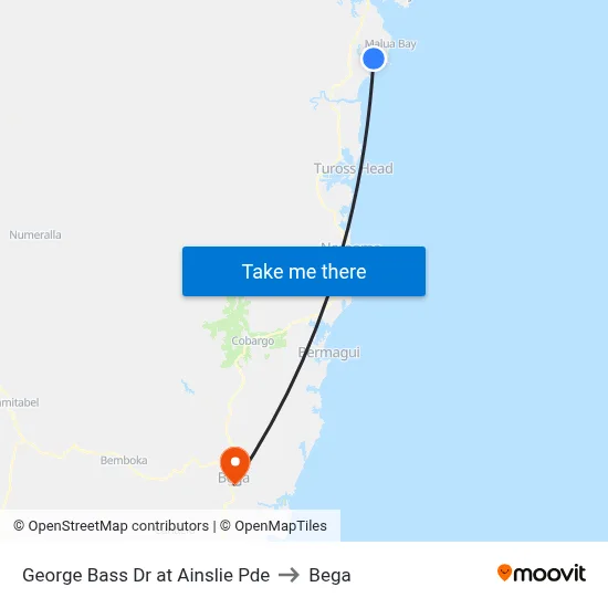 George Bass Dr at Ainslie Pde to Bega map
