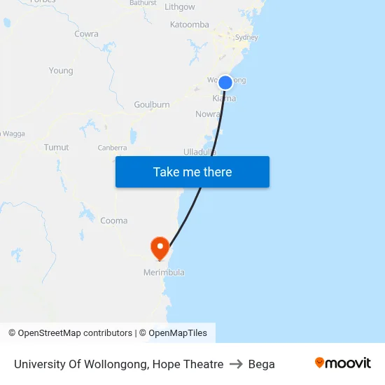 University Of Wollongong, Hope Theatre to Bega map