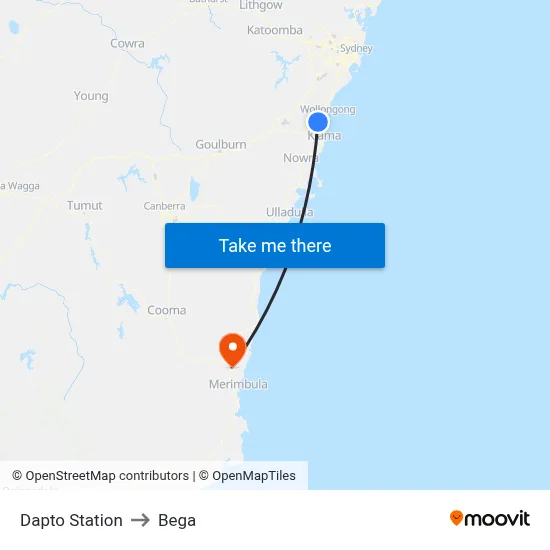 Dapto Station to Bega map